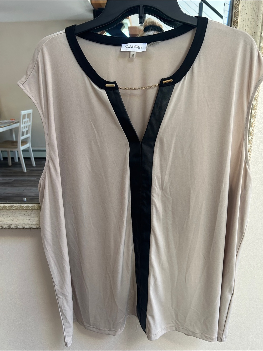Calvin Klein Beige Sleeveless Blouse with Black Trim and Chain